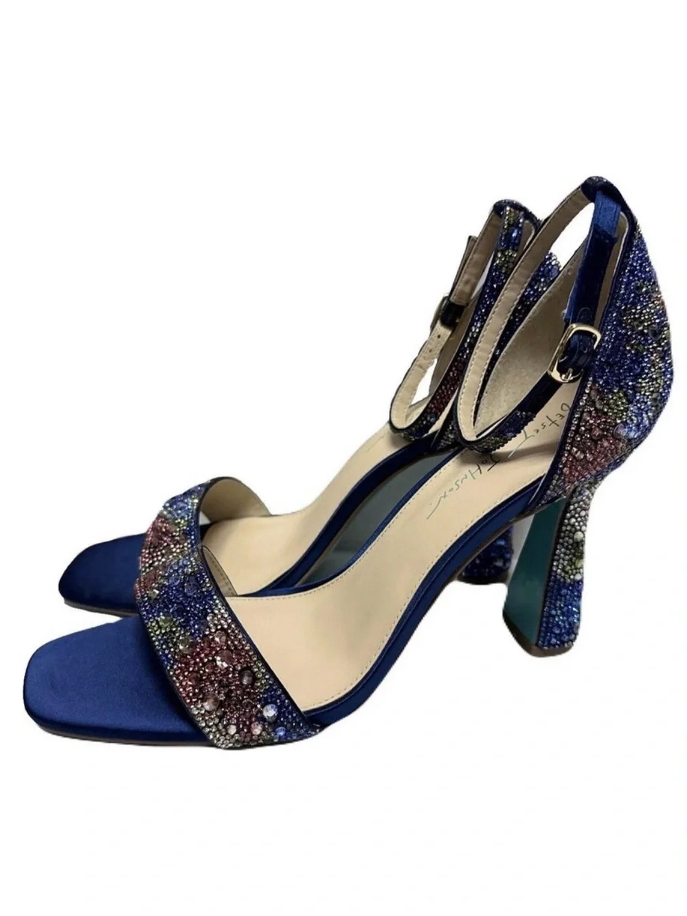 Betsey Johnson Navy Satin Multi-Crystal Ankle Strap Block Heel